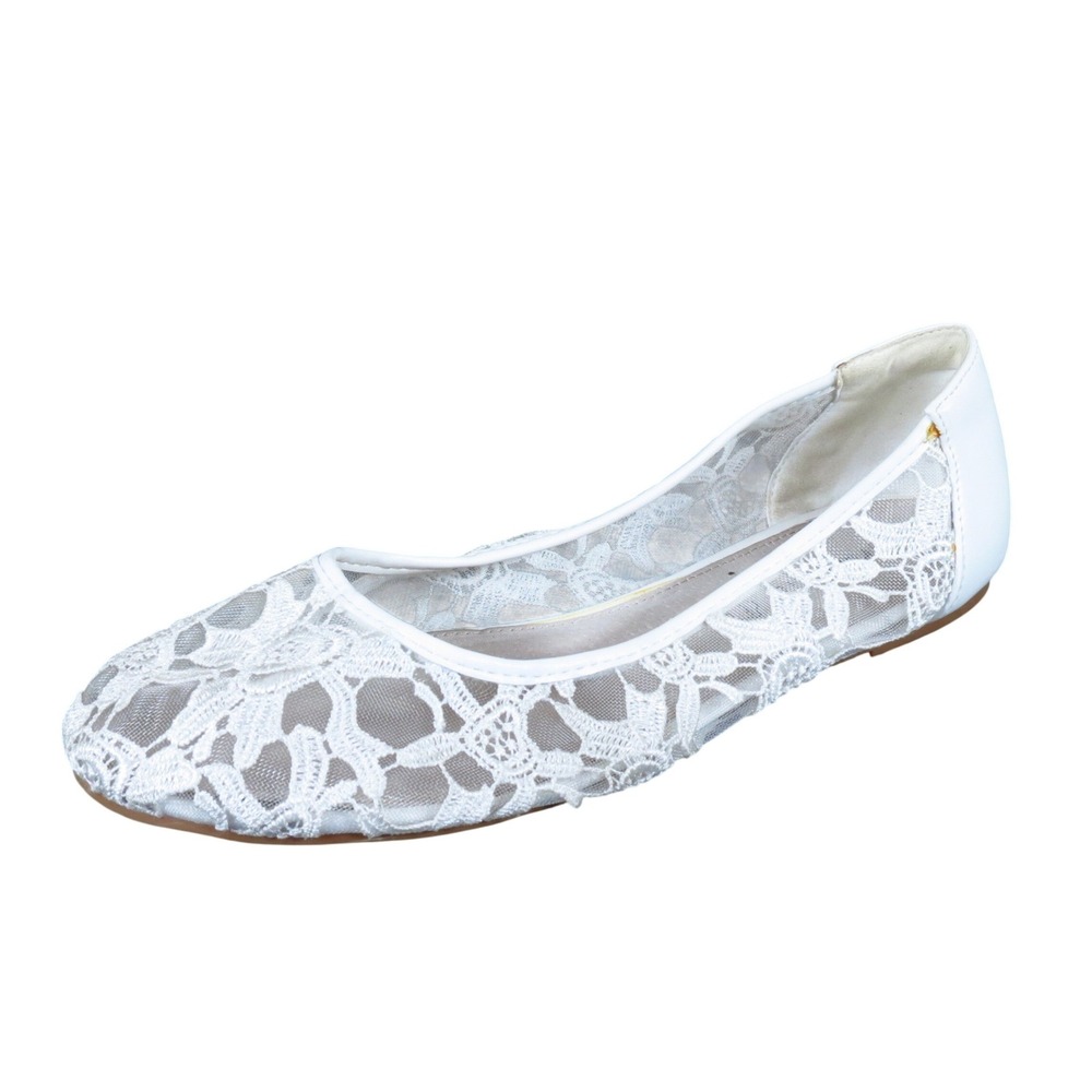 Greatonu Women Lace Ballet Flat Size 9.5 Wedding Bridal Dress Shoe White Textile